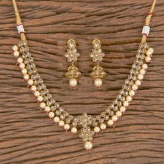 Gold Rodium Polish Gold color Necklace in Brass studded with Beads, Cubic Zirconia, CZ Diamond, Pearl