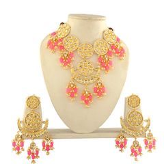 Gold Rodium Polish Pink and Majenta color Necklace in Brass studded with Beads, Cubic Zirconia, Kundan, Pearl