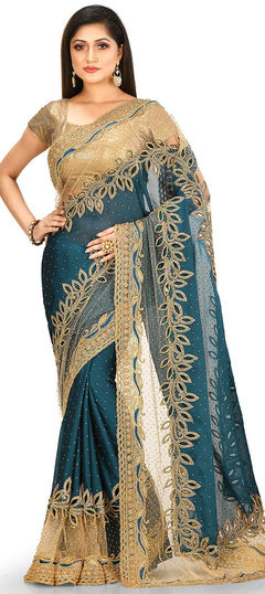 Blue color Saree in Georgette fabric with Sequence, Stone work