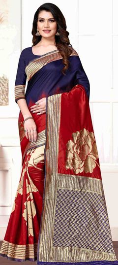 Blue, Red and Maroon color Saree in Art Silk, Silk fabric with Weaving work
