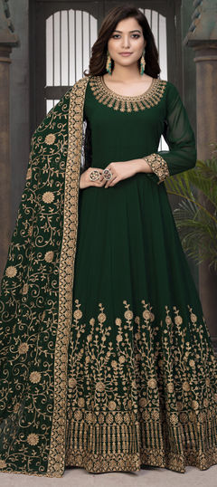 Green color Salwar Kameez in Faux Georgette fabric with Embroidered, Sequence, Thread, Zari work