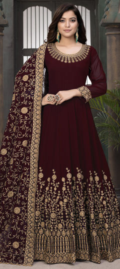 Red and Maroon color Salwar Kameez in Faux Georgette fabric with Embroidered, Sequence, Thread, Zari work