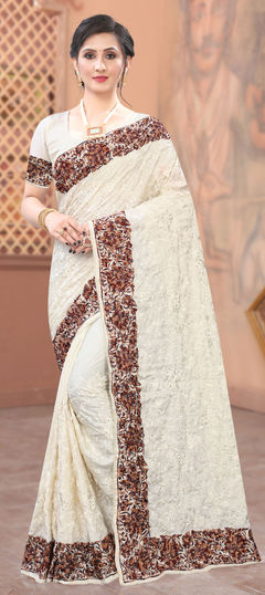 White and Off White color Saree in Satin Silk fabric with Embroidered, Resham, Stone work