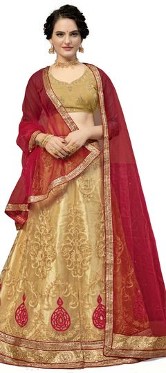 Beige and Brown color Lehenga in Net fabric with Embroidered, Stone, Thread, Zari work