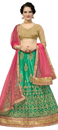 Green color Lehenga in Net fabric with Embroidered, Stone, Thread, Zari work