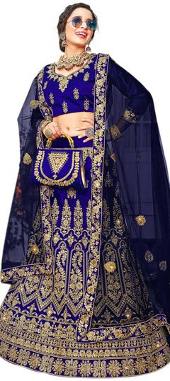 Blue color Lehenga in Satin Silk fabric with Embroidered, Stone, Thread, Zari work