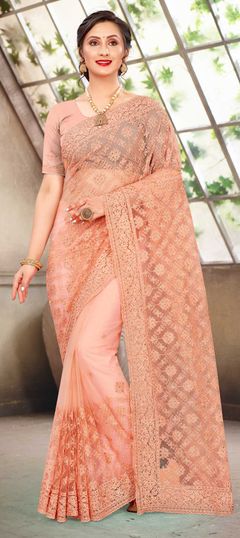 Pink and Majenta color Saree in Net fabric with Embroidered, Moti, Resham, Stone, Thread work