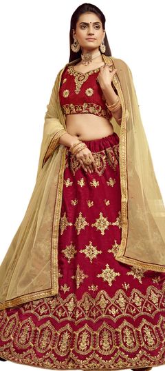 Red and Maroon color Lehenga in Bangalore Silk fabric with Embroidered, Stone, Thread, Zari work