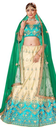 Beige and Brown, Blue color Lehenga in Satin Silk fabric with Embroidered, Stone, Thread, Zari work