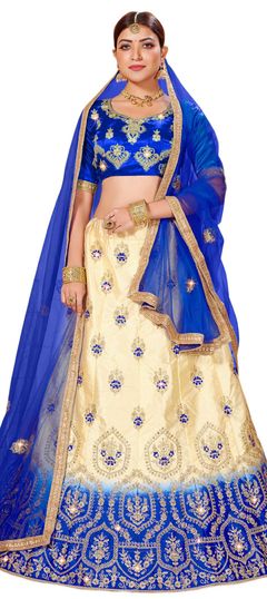 Beige and Brown, Blue color Lehenga in Satin Silk fabric with Embroidered, Stone, Thread, Zari work