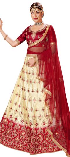 Beige and Brown, Red and Maroon color Lehenga in Satin Silk fabric with Embroidered, Stone, Thread, Zari work