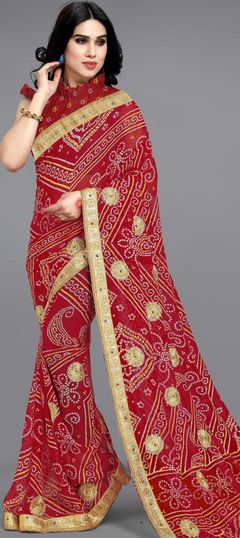 Red and Maroon color Saree in Faux Georgette fabric with Bandhej, Border, Embroidered, Printed work
