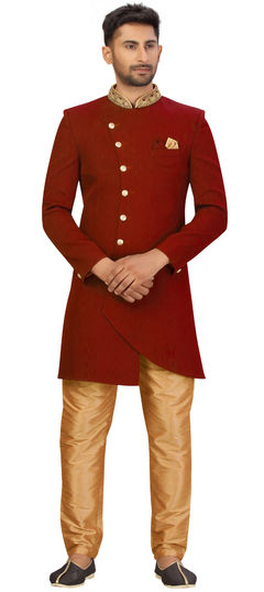 Red and Maroon color IndoWestern Dress in Art Silk fabric with Bugle Beads work