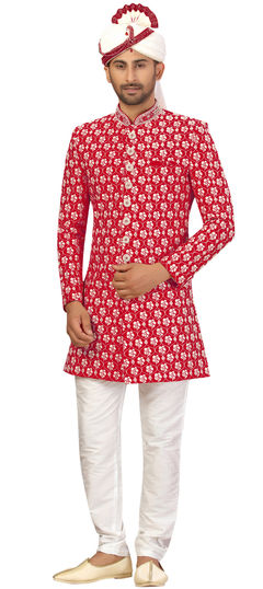 Pink and Majenta color Sherwani in Art Silk fabric with Printed work