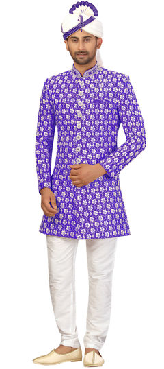 Blue color Sherwani in Art Silk fabric with Printed work