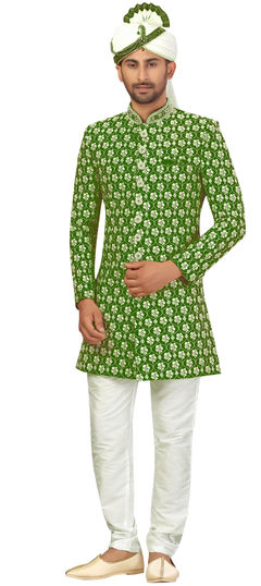 Green color Sherwani in Art Silk fabric with Printed work