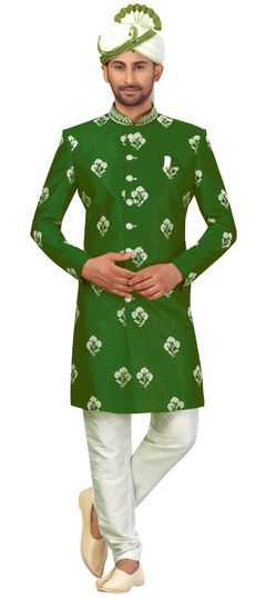 Green color Sherwani in Art Silk fabric with Printed work