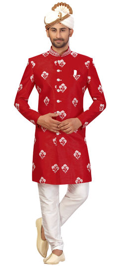 Red and Maroon color Sherwani in Art Silk fabric with Printed work