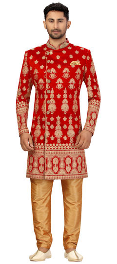 Red and Maroon color Sherwani in Art Silk fabric with Embroidered, Thread, Zari work