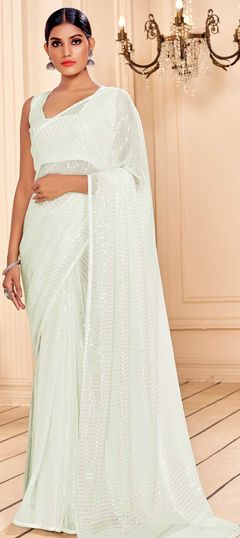 Festive, Party Wear White and Off White color Saree in Georgette fabric with Classic Sequence work : 1726958