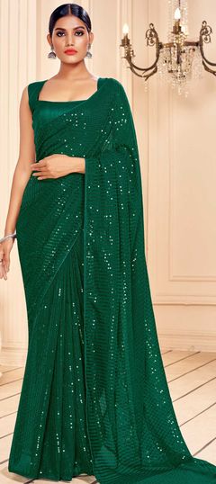 Green color Saree in Georgette fabric with Sequence work