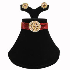 Red and Maroon color Necklace in Metal Alloy studded with Beads, Kundan & Gold Rodium Polish : 1727109