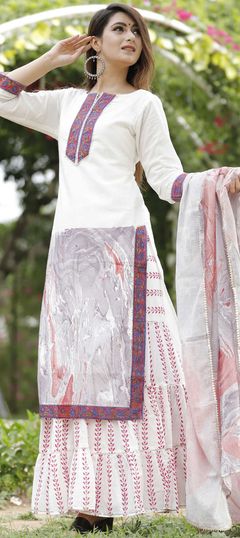 Festive, Party Wear White and Off White color Salwar Kameez in Cotton fabric with Sharara Printed work : 1727142