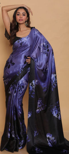 Traditional Purple and Violet color Saree in Satin Silk, Silk fabric with South Digital Print, Floral work : 1727485