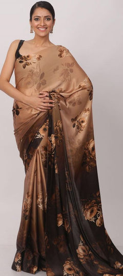 Casual, Traditional Beige and Brown color Saree in Satin Silk, Silk fabric with South Digital Print, Floral work : 1727495