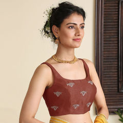 Beige and Brown color Blouse in Dupion Silk fabric with Embroidered, Thread work