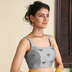 Black and Grey color Blouse in Dupion Silk fabric with Embroidered, Thread work : 1727567