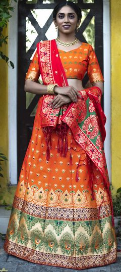 Orange color Lehenga in Art Silk fabric with Weaving work