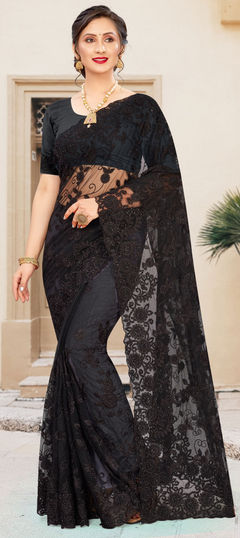 Black and Grey color Saree in Net fabric with Embroidered, Resham, Stone, Thread work