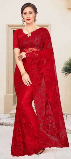 Red and Maroon color Saree in Net fabric with Embroidered, Resham, Stone, Thread work