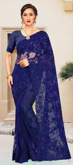 Blue color Saree in Net fabric with Embroidered, Resham, Stone, Thread work