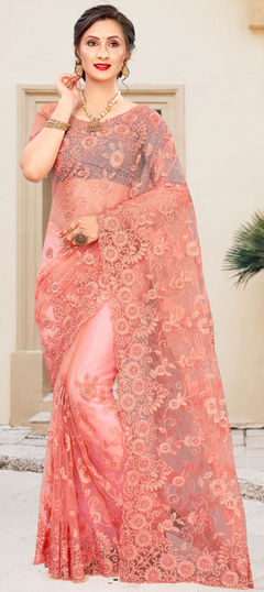 Pink and Majenta color Saree in Net fabric with Embroidered, Resham, Stone, Thread work