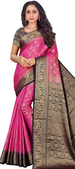 Pink and Majenta color Saree in Kanchipuram Silk, Silk fabric with Weaving work