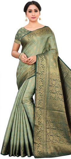 Green color Saree in Kanchipuram Silk, Silk fabric with Weaving work