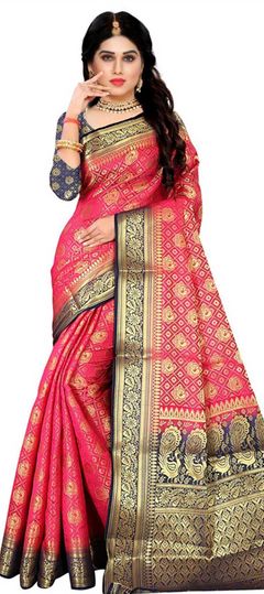 Pink and Majenta color Saree in Kanchipuram Silk, Silk fabric with Weaving work