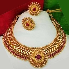 Gold Rodium Polish Red and Maroon color Necklace in Metal Alloy studded with Austrian diamond