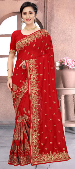 Red and Maroon color Saree in Art Silk, Silk fabric with Embroidered, Thread, Zari work