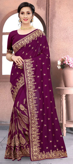 Purple and Violet color Saree in Art Silk, Silk fabric with Embroidered, Thread, Zari work