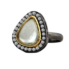 Gold Rodium Polish White and Off White color Ring in Brass studded with CZ Diamond