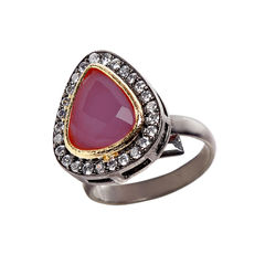 Gold Rodium Polish Red and Maroon color Ring in Brass studded with CZ Diamond