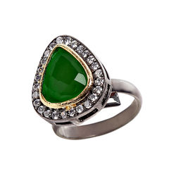 Gold Rodium Polish Green color Ring in Brass studded with CZ Diamond