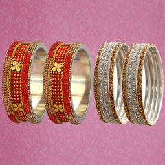 Gold Rodium Polish Red and Maroon color Bangles in Brass studded with CZ Diamond