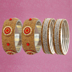 Gold Rodium Polish Gold, Red and Maroon color Bangles in Brass studded with CZ Diamond, Pearl