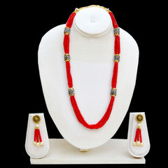 Gold Rodium Polish Red and Maroon color Necklace in Copper studded with Beads, Pearl