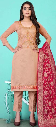 Beige and Brown color Salwar Kameez in Chanderi Silk fabric with Cut Dana, Embroidered, Moti, Resham, Thread, Zari work