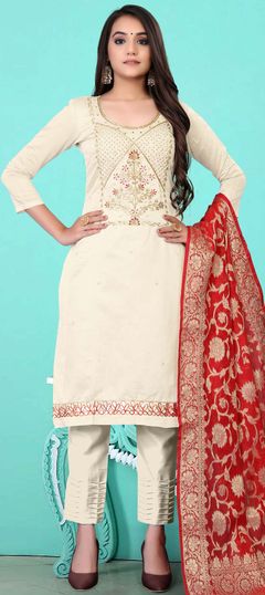 White and Off White color Salwar Kameez in Chanderi Silk fabric with Cut Dana, Embroidered, Moti, Resham, Thread, Zari work